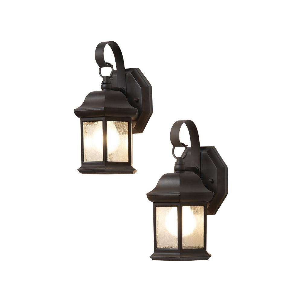 1-Light Bronze Outdoor Wall Lantern Sconce with Seeded Glass (2-Pack)