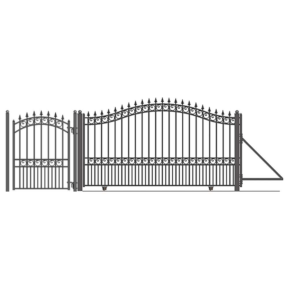 ALEKO 21 ft. x 6 ft. x 16 ft. Black Steel Single Sliding Driveway Gate London Style with Pedestrian Gate 5 ft. Fence Gate