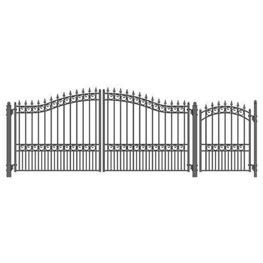 ALEKO London Style 14 ft. x 6 ft. with Pedestrian Gate Black Steel Swing Dual Driveway Fence Gate