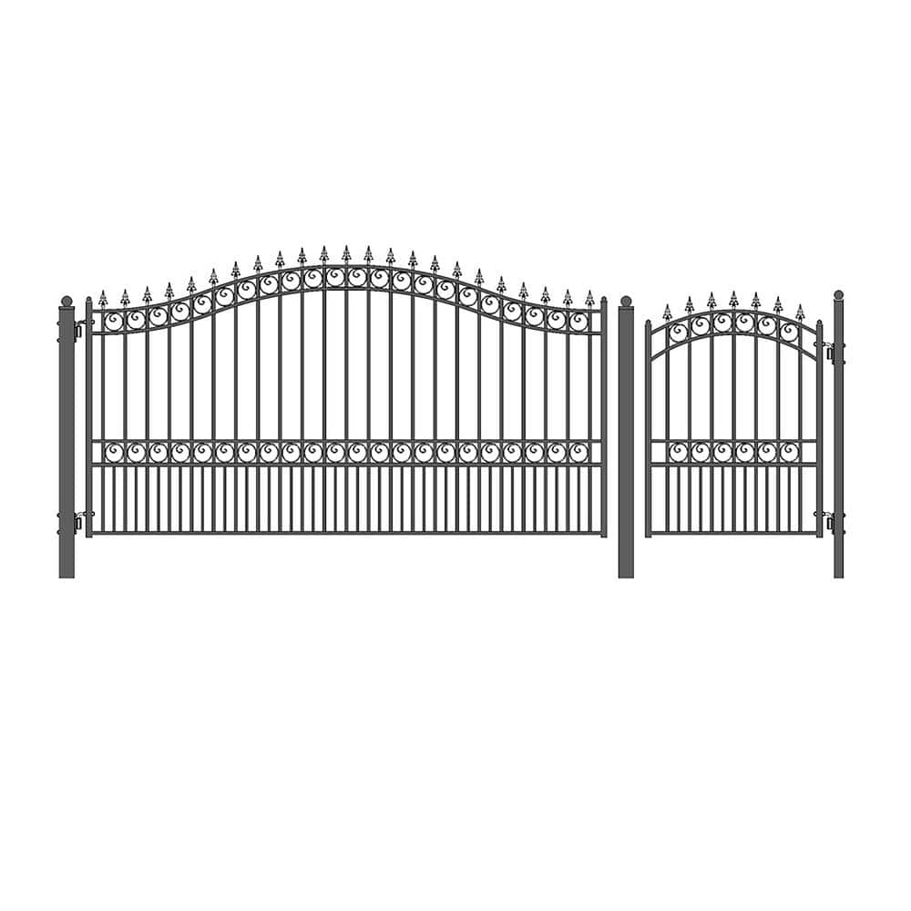 ALEKO 19 ft. x 6 ft. Black Steel Single Swing Driveway Gate London Style 14 ft. with Pedestrian Gate 5 ft. Fence Gate