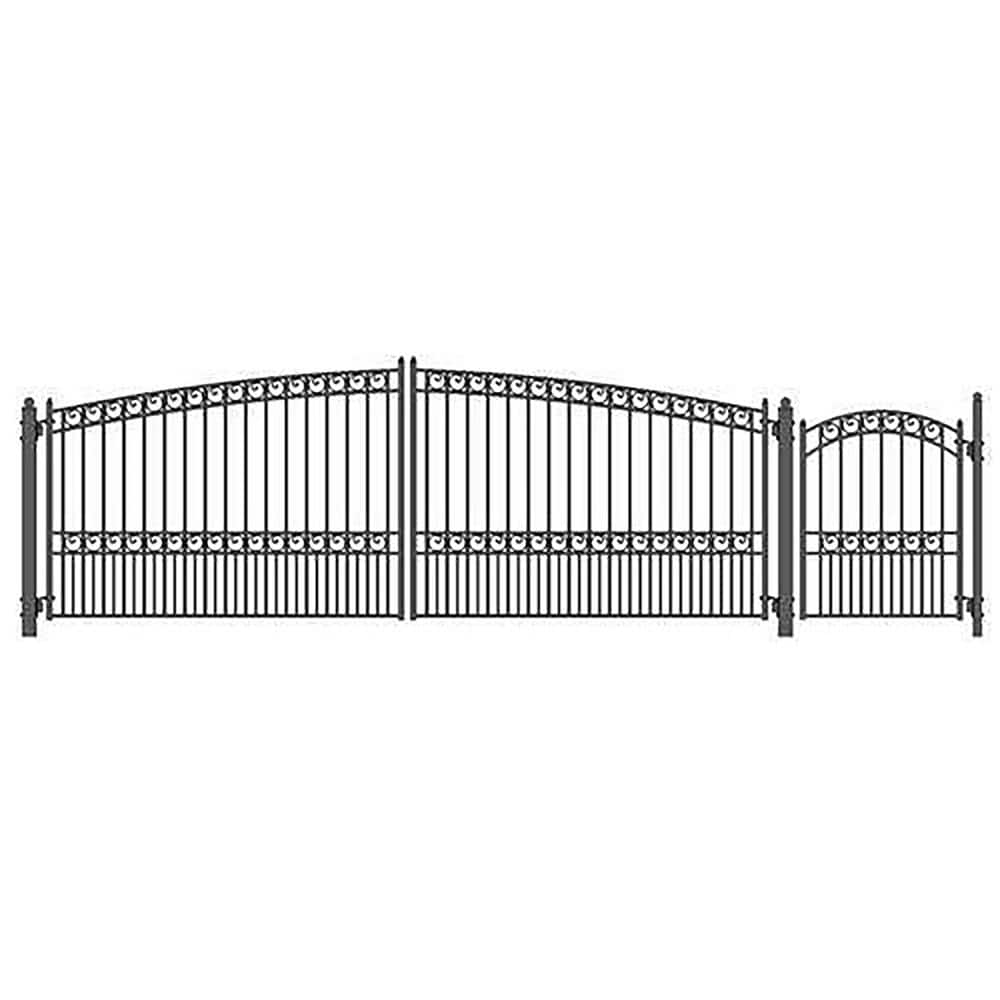 ALEKO 21 ft. x 6 ft. Black Steel Dual Swing Driveway Gate Paris Style 16 ft. with Pedestrian Gate 5 ft. Fence Gate