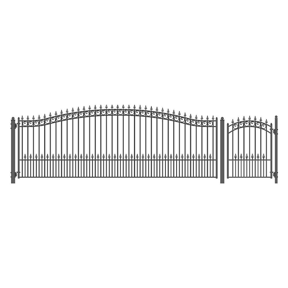 ALEKO 21 ft. x 6 ft. Black Steel Single Swing Driveway Gate Prague Style 16 ft. with Pedestrian Gate 5 ft. Fence Gate