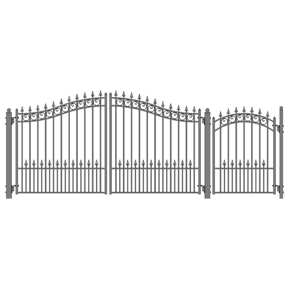 ALEKO Prague Style 18 ft. x 6 ft. with Pedestrian Gate Black Steel Swing Dual Driveway Fence Gate