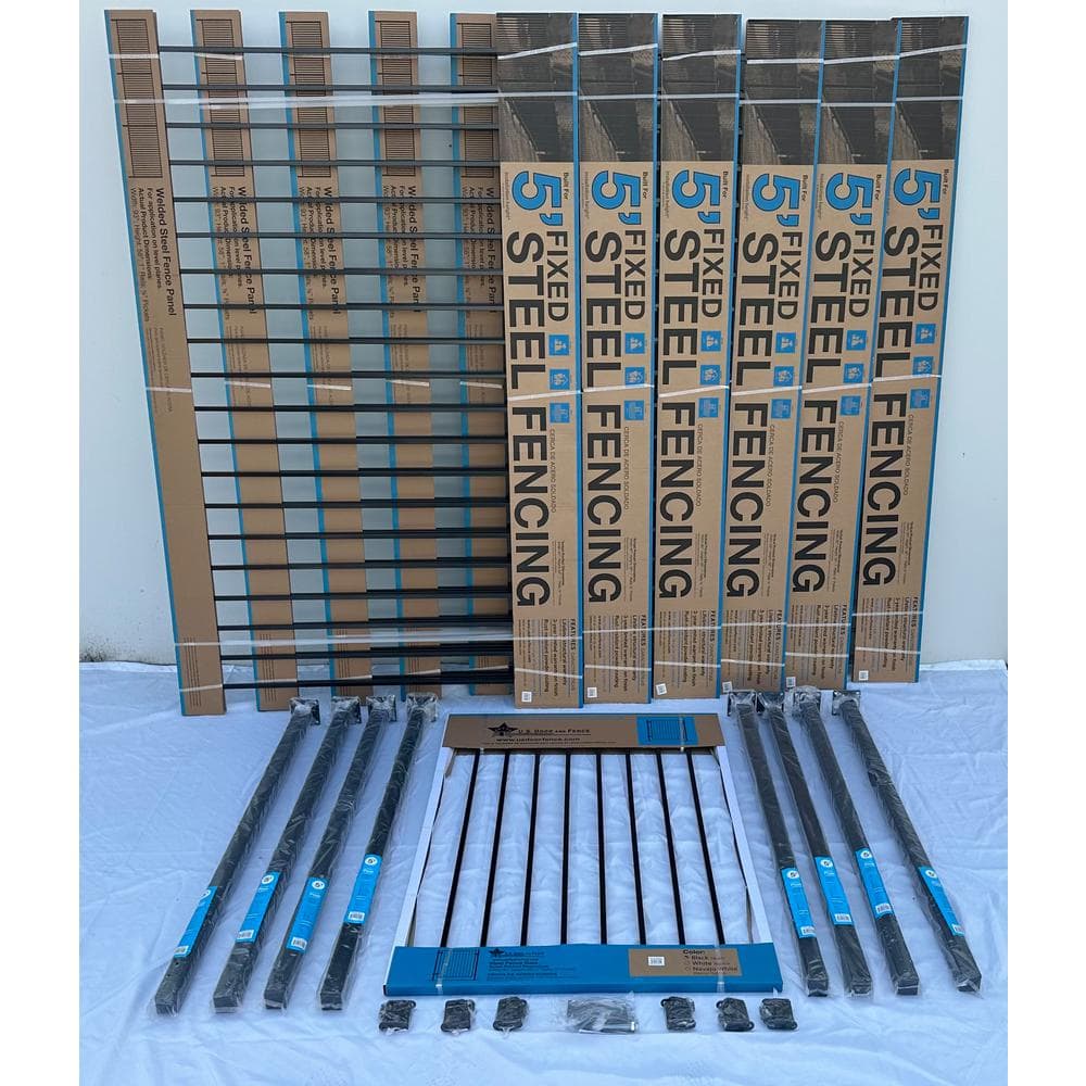 4.84 ft. x 48 ft. Blk Ornamental Space Bar Flat Metal Fence Panel Kit (6 panels,Posts,brackets,Gate)Above Ground Install