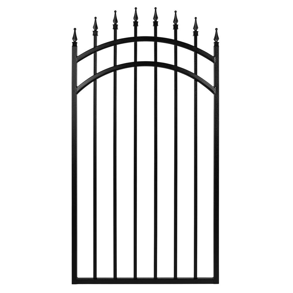 NUVO IRON 2.75 ft. x 4.67 ft. Tiger Eye Profile Black Iron Center Point Arched Top Fence Gate
