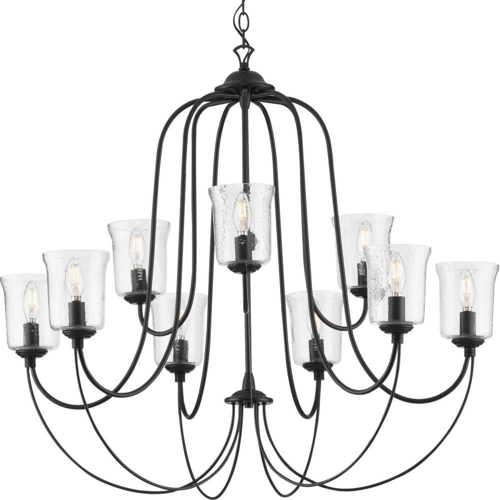 Progress Lighting Bowman Collection 9-Light Matte Black Clear Chiseled Glass Coastal Chandelier Light