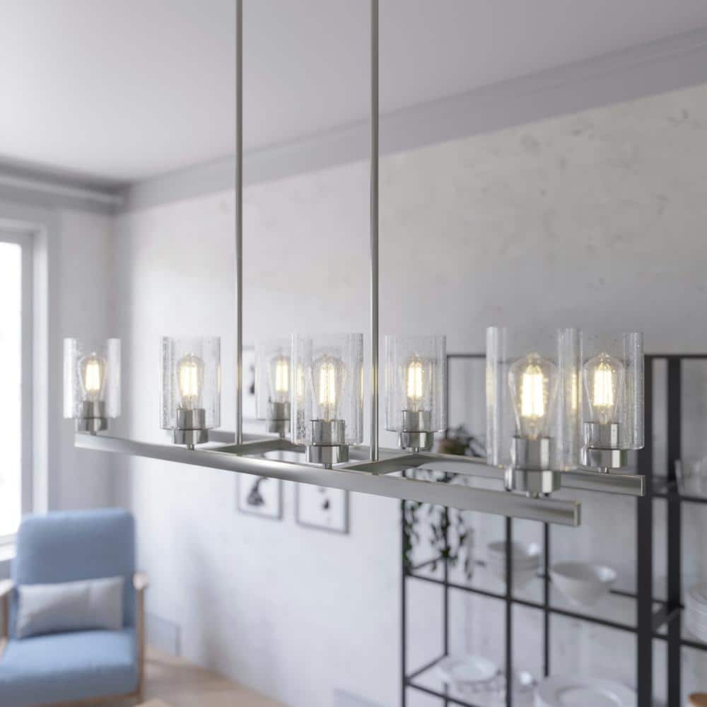 Hunter Hartland 8 Light Brushed Nickel Linear Chandelier with Seeded Glass Shades Dining Room Light