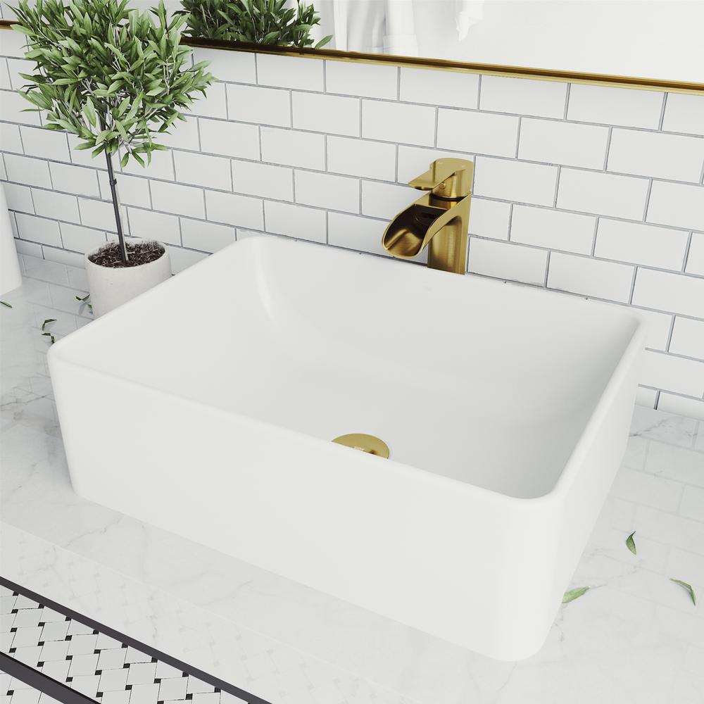 VIGO Amaryllis Matte Stone Vessel Bathroom Sink in White with Niko Faucet in Matte Gold