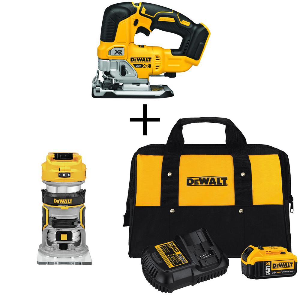 20-Volt MAX Li-Ion Cordless Brushless Jigsaw (Tool-Only) with Brushless Router (Tool-Only), Battery 5Ah, Charger and Bag