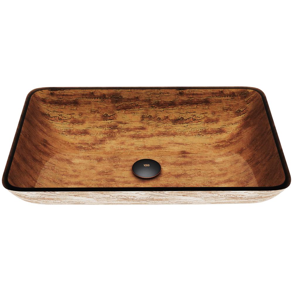 VIGO Amber Sunset Handmade Countertop Glass Rectangle Vessel Bathroom Sink in Light Wood