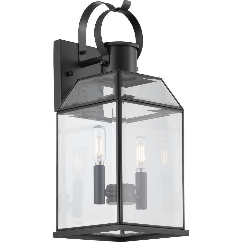 Canton Heights 2-Light 18 in. Matte Black Outdoor Wall Lantern with Clear Beveled Glass