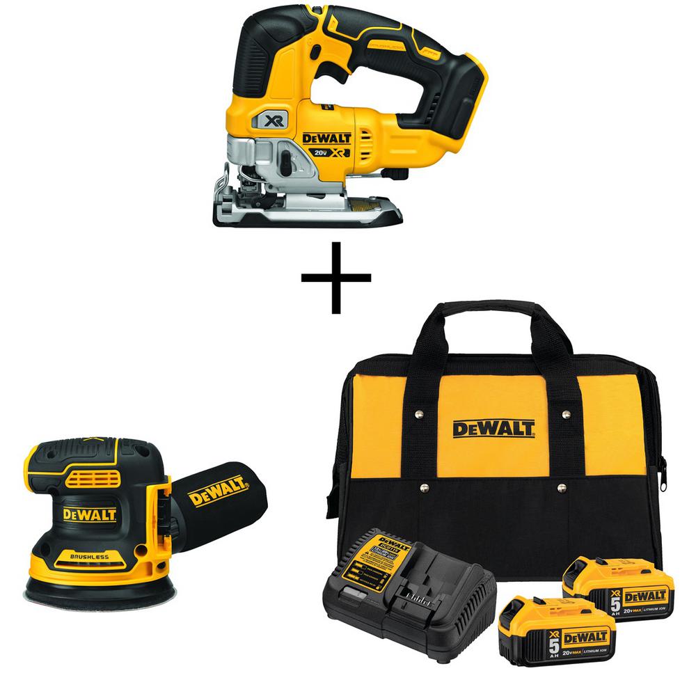 20-Volt MAX Li-Ion Cordless Brushless Jigsaw(Tool-Only) w/ Bonus 5 in. Sander(Tool-Only), Battery 5Ah(2), Charger & Bag