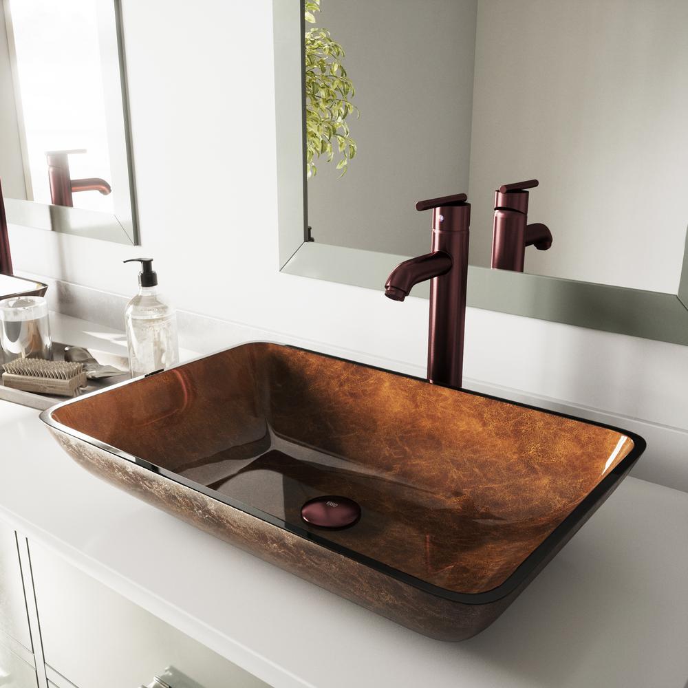 VIGO Rectangular Glass Vessel Bathroom Sink in Russet with Faucet Set in Oil Rubbed Bronze