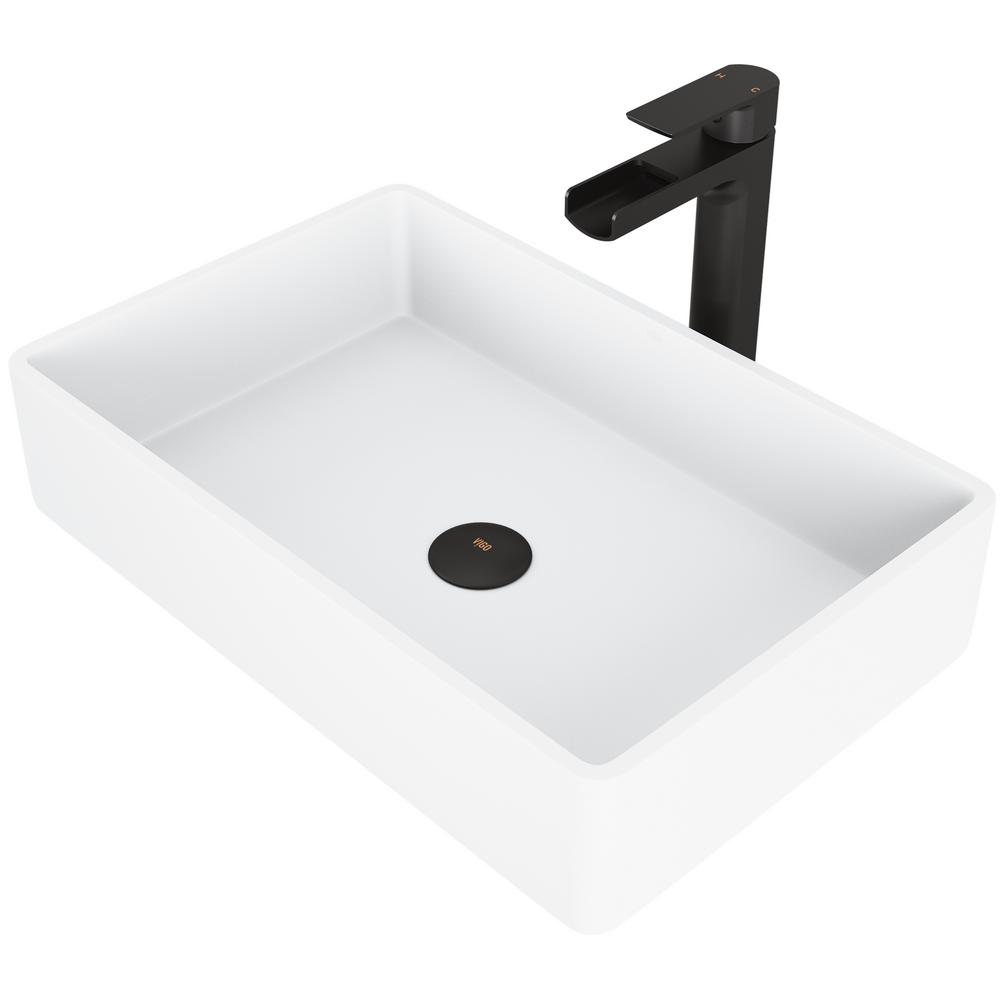 VIGO Magnolia White Matte Stone Vessel Bathroom Sink Set with Amada Faucet in Matte Black