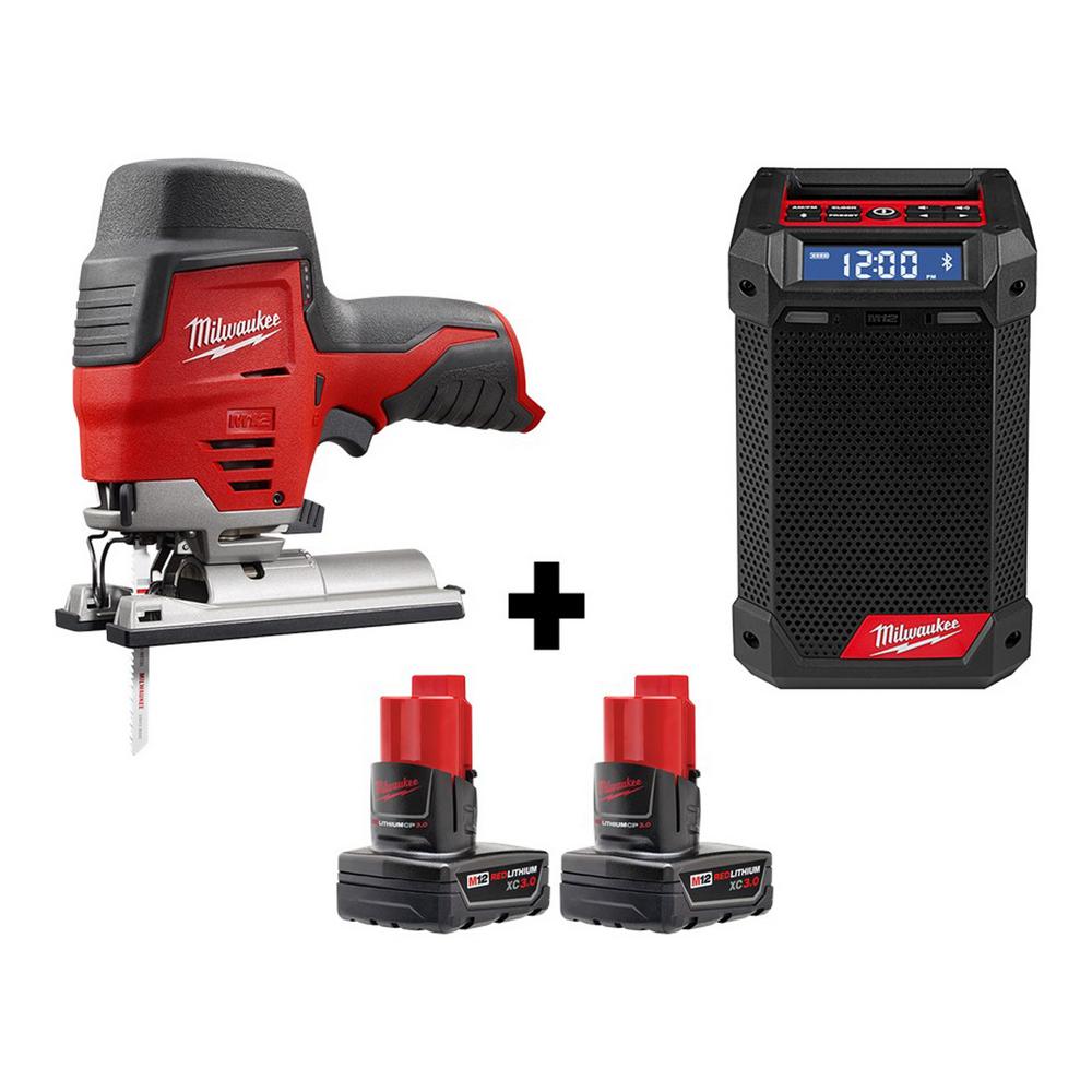 M12 12-Volt Lithium-Ion Cordless Jig Saw and Jobsite Radio with two 3.0 Ah Batteries