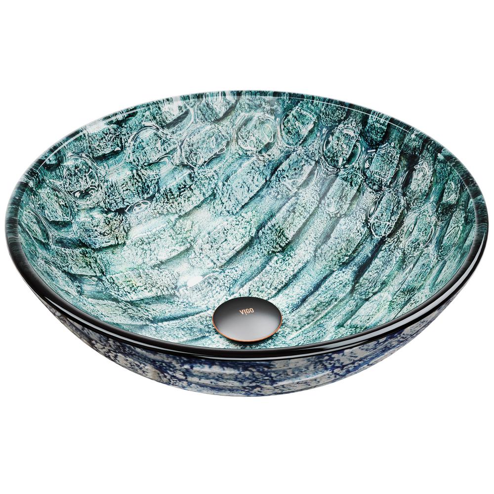 VIGO Oceania Handmade Glass Round Vessel Bathroom Sink in Patterned Teal