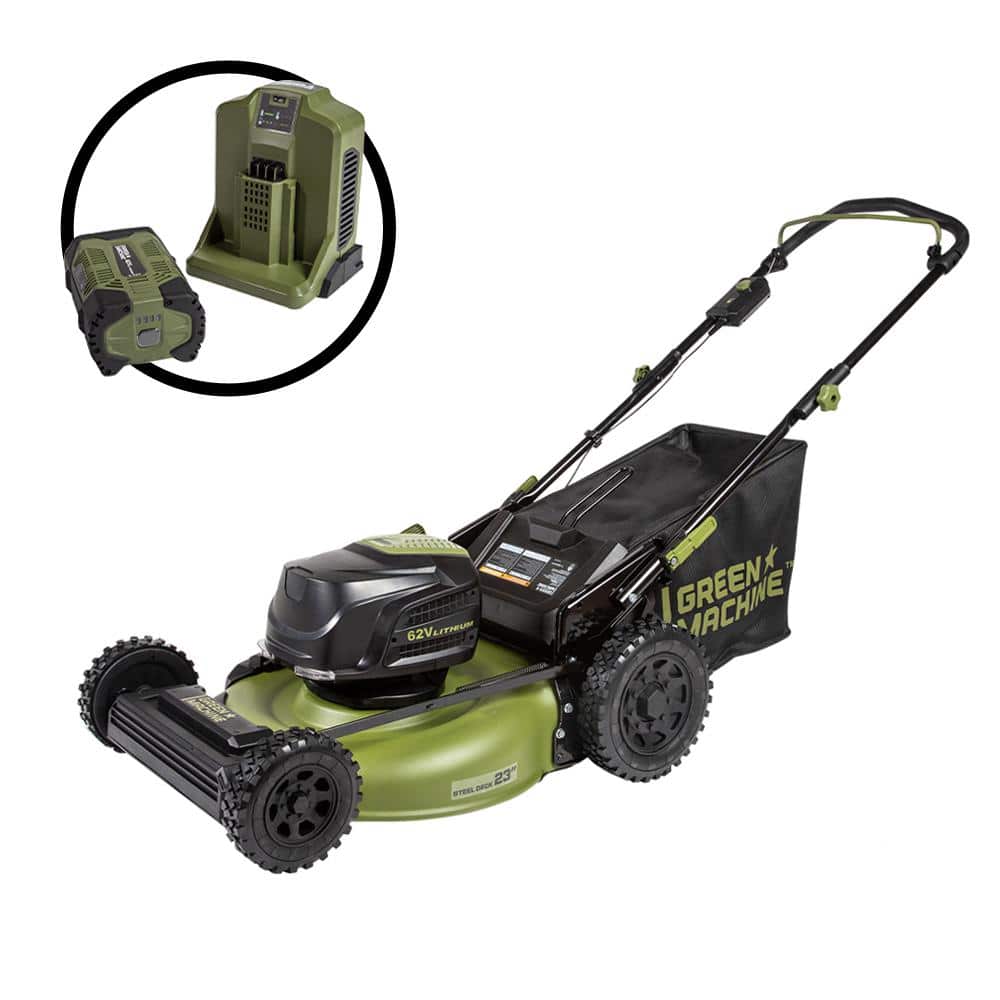 Green Machine 62V Cordless 3-in-1 High Wheel Push Walk Behind Mower, Brushless 22 In. Cutting Width with 4Ah Battery and Rapid Charger