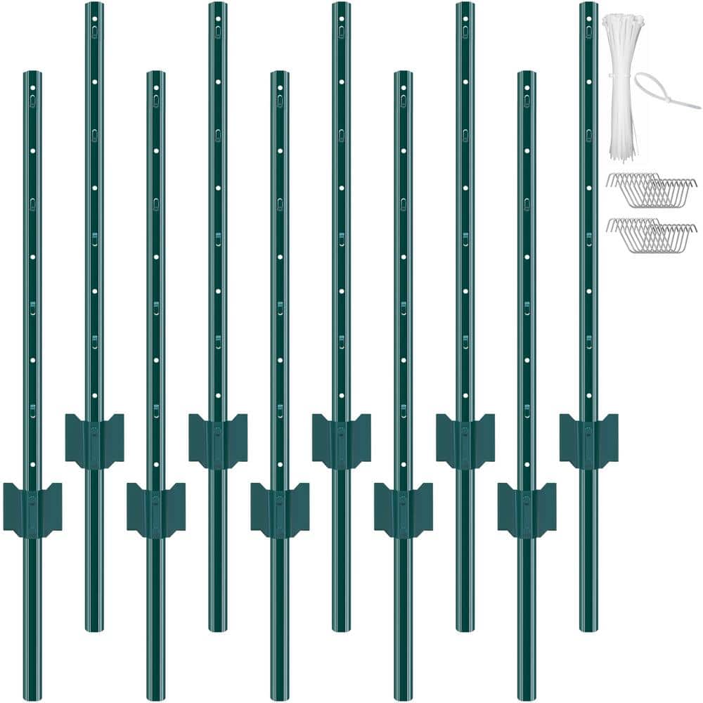 VEVOR 3 ft. Fence Post, T-Post Heavy-Duty Metal Fence Posts, Sturdy Steel Fence Stakes for Garden Yard, Lawn, Green (10-Pack)