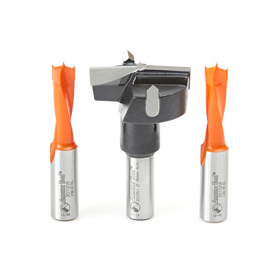 Amana HBM-102 3-Pc Hinge Boring 57 Long x 10mm Shank Carbide Tipped Bit Set