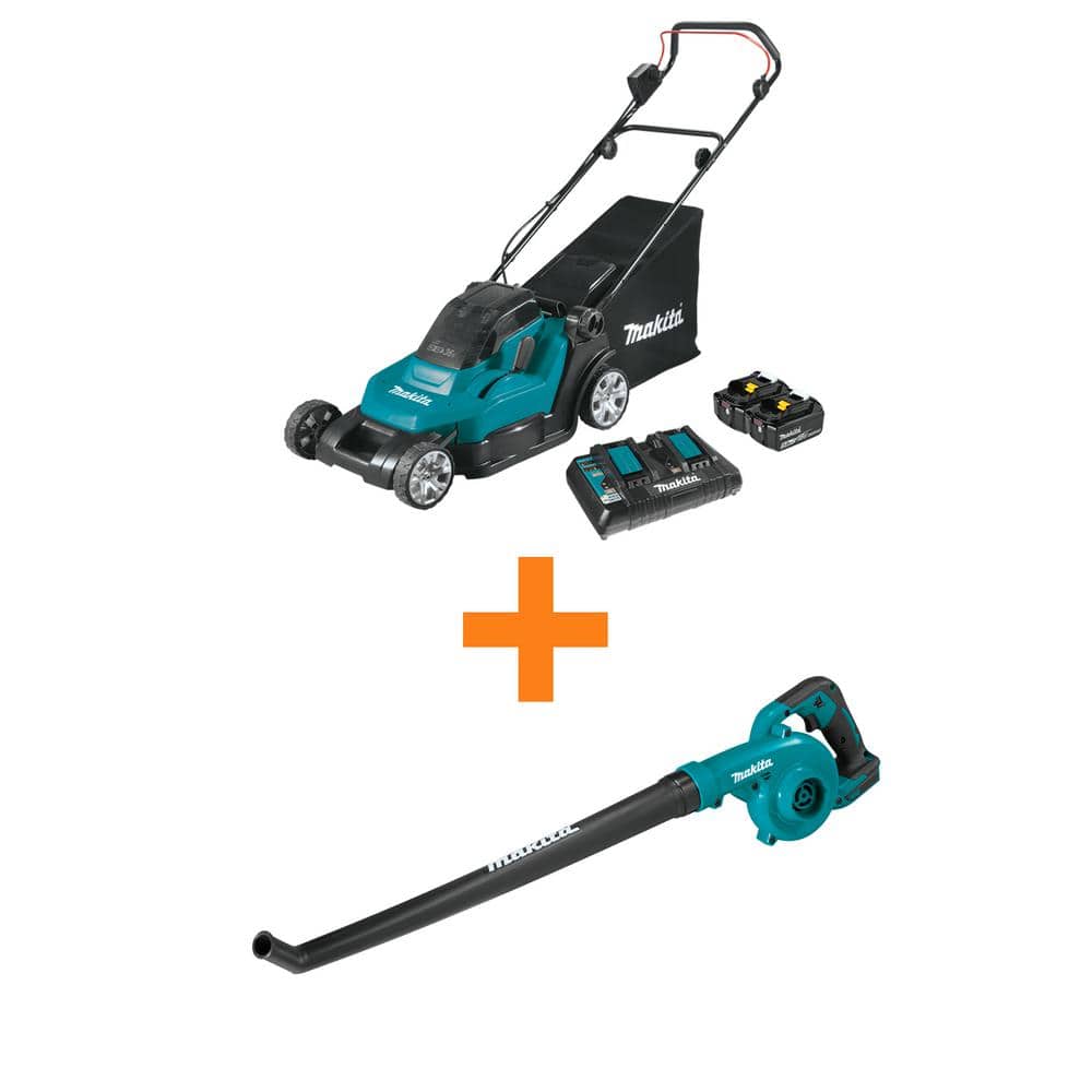 Makita 18V X2 (36V) LXT 17 in. Cordless Residential Lawn Mower Kit (5.0Ah) with bonus 18V LXT Floor Blower, Tool Only
