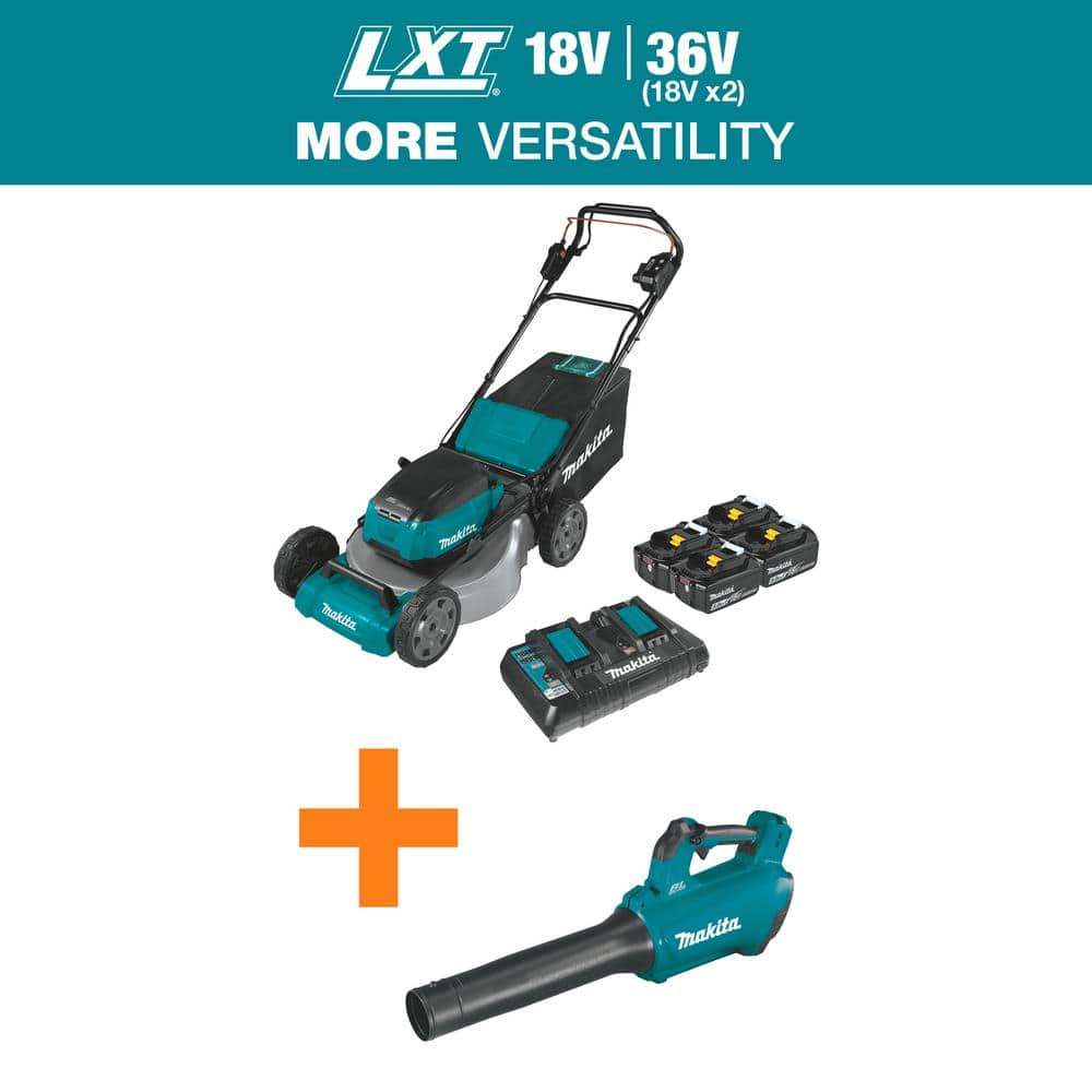 Makita 18V X2(36V) LXT Lithium-Ion Cordless 21 in. Walk Behind Lawn Mower Kit w/4 Batteries 5.0Ah with 18V Blower, Tool Only