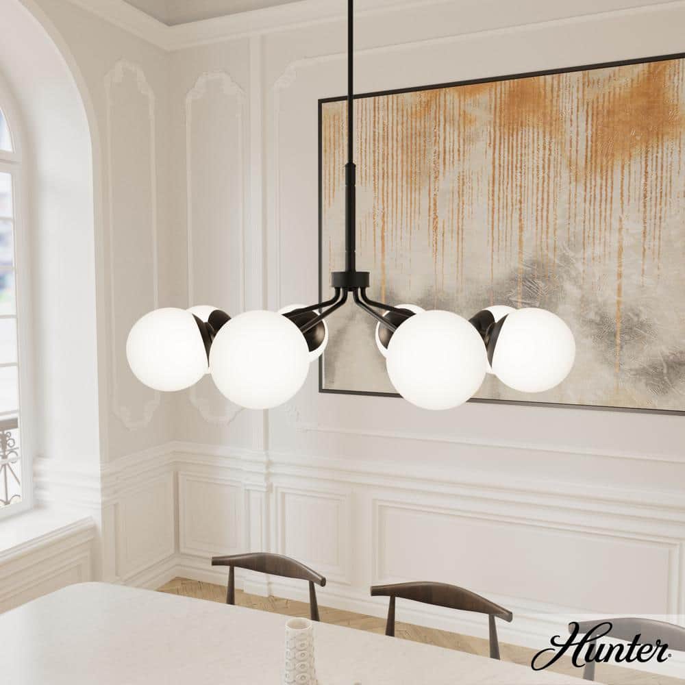 Hunter Hepburn 8-Light Matte Black Branched Chandelier with Cased White Glass Shades