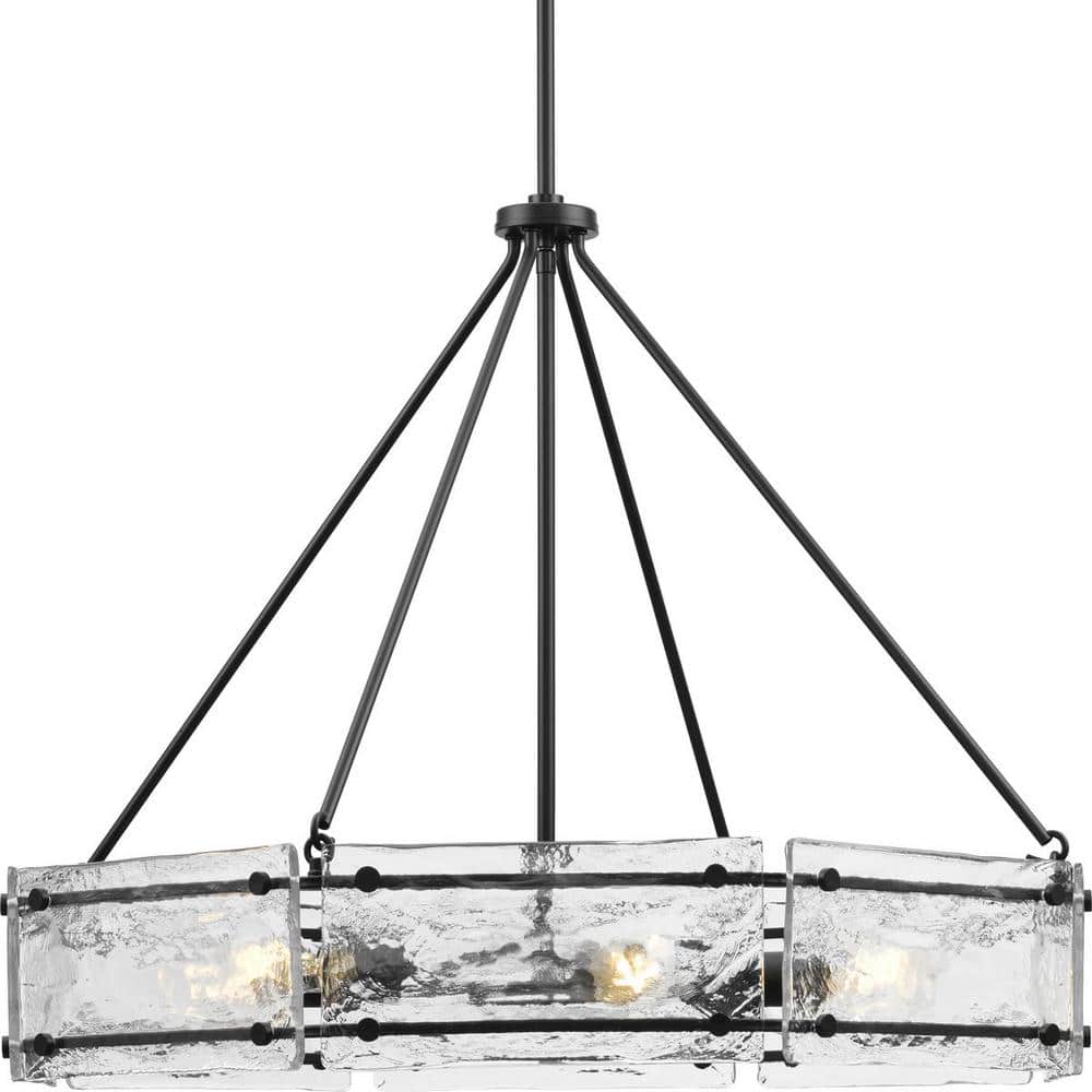Progress Lighting Rivera 30 in. 6-Light Matte Black Luxe Industrial Chandelier with Textured Glass