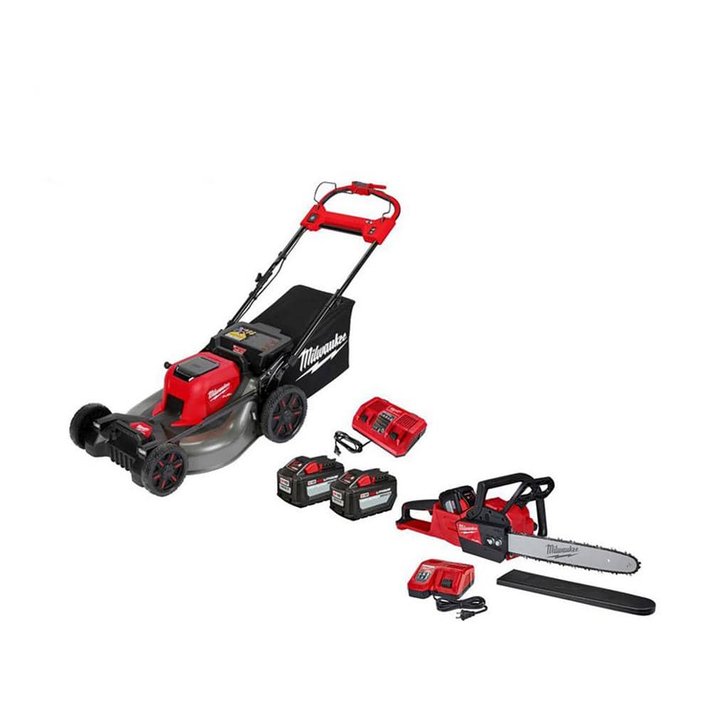 Milwaukee M18 FUEL Brushless Cordless 21 in. Dual Battery Self-Propelled Lawn Mower w/ 16" Chainsaw, (3) 12Ah Batteries