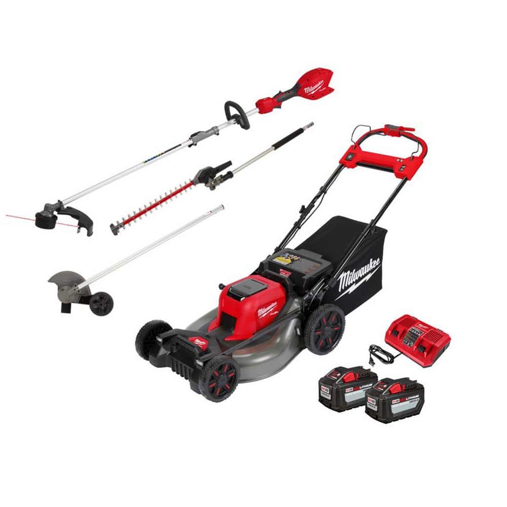 Milwaukee M18 FUEL Brushless 21 in. Self-Propelled Mower w/ String Trimmer, Edger, Hedge Trimmer, (2) 12.0 Ah Batteries, Charger