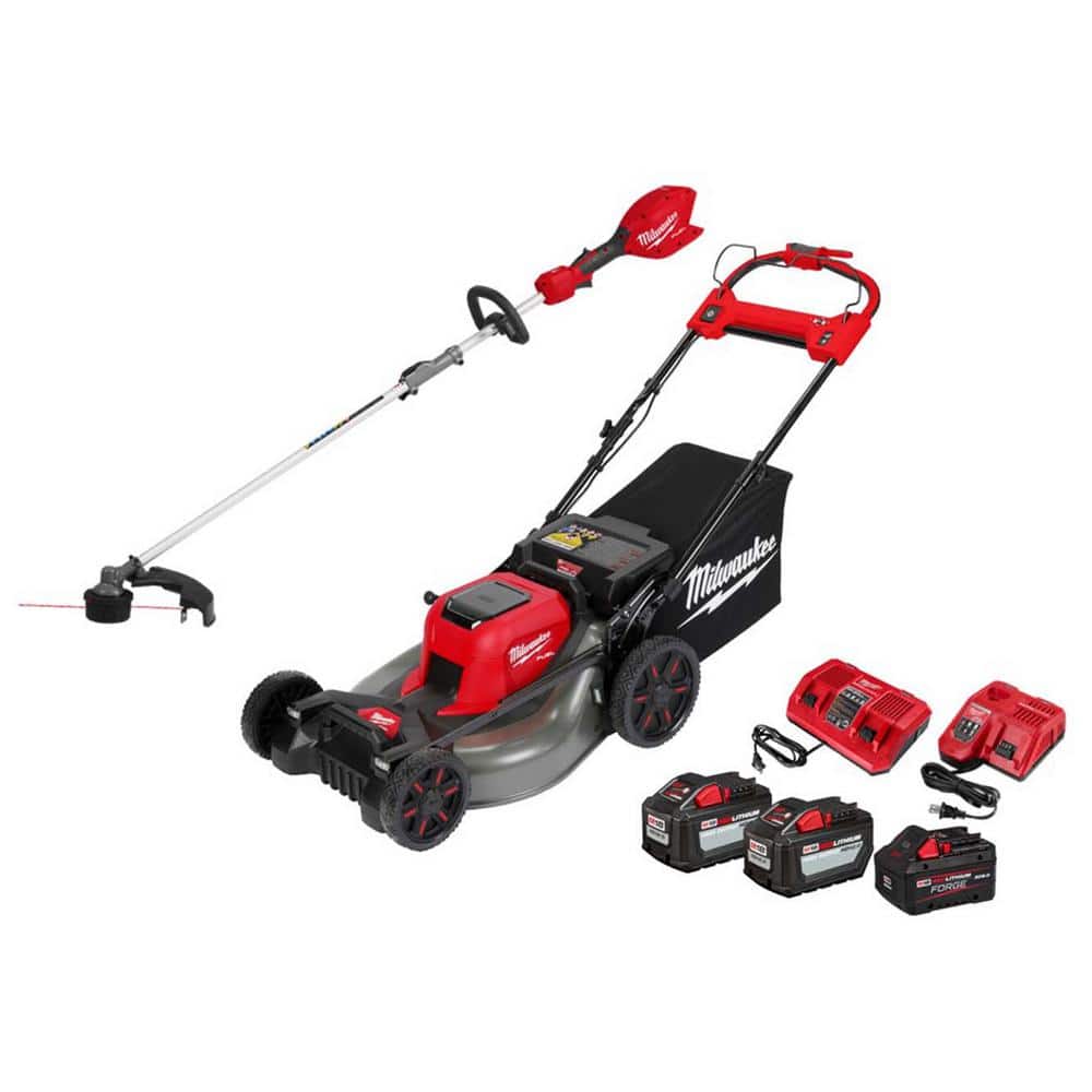 Milwaukee M18 FUEL 18V 21 in. Brushless Cordless Dual Battery Self-Propelled Mower w/ String Trimmer, (3) Batteries, Charger