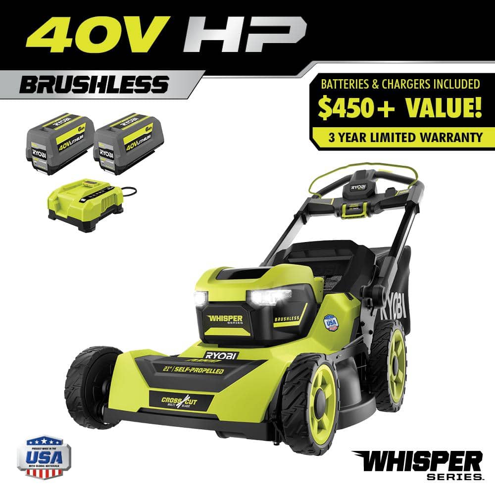 RYOBI 40V HP Brushless Whisper Series 21. in Walk Behind Self-Propelled All Wheel Drive Mower - (2) 6.0 Ah Batteries & Charger