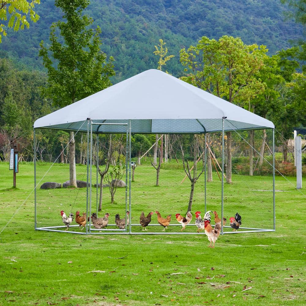 GOGEXX 13.1ft. x 8.6 ft. Metal Chicken Coop Steel Wire Walkin Poultry Cage Rabbit House With Waterproof Cover For Outdoors Yard