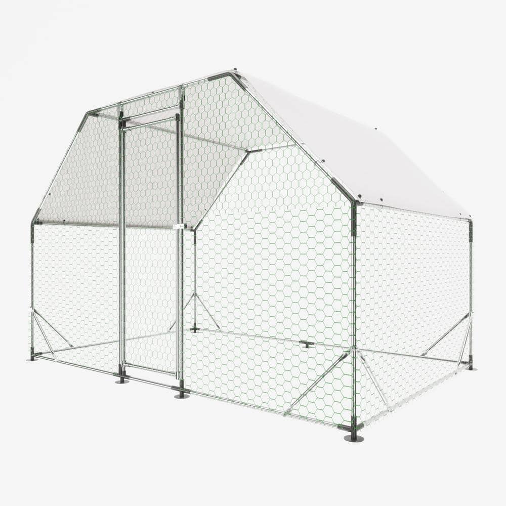 GOGEXX 9.94 ft x 6.46 ft Flat Large Metal Walk-in Chicken Coop Galvanized Poultry Cages with Waterproof Cover Outdoors