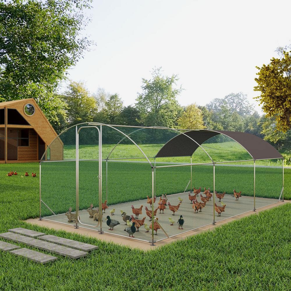 GOGEXX 19.7 ft.L x 9.8 ft. W x 6.6 ft. Large Metal Walk-In Chicken Coop Poultry Cage with Waterproof Cover for Outdoors Yard